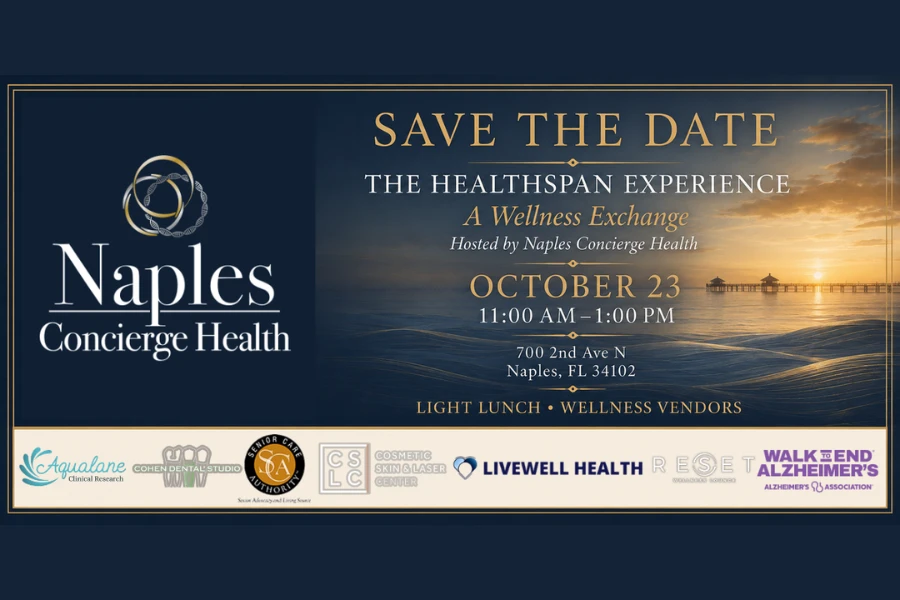 Save the date notice for the Healthspan Experience, a wellness exchange hosted by Naples Concierge Health on October 23 from 11:00 a.m. to 1:00 p.m. at 700 2nd Ave N, Naples, Florida, listing the participating organizations.